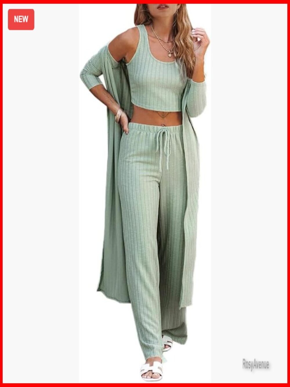 3 Piece Lounge Set Pajamas Cardigan Crop Top Wide Leg Pants Loungewear